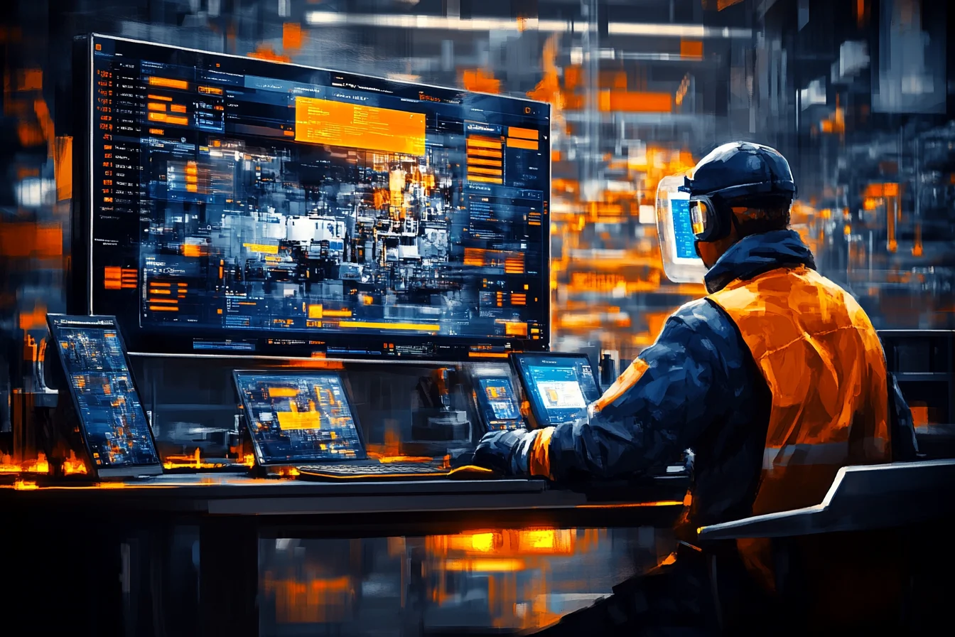 Mężczyzna w pomarańczowej kamizelce i czapce roboczej siedzi przy biurku z kilkoma monitorami wyświetlającymi panele danych